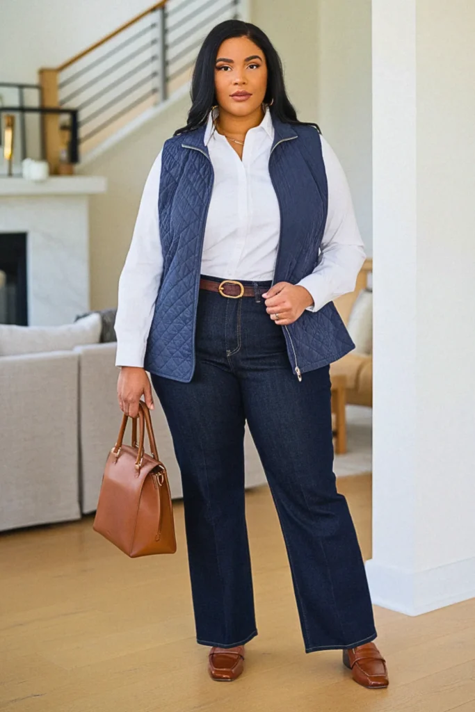 Plus Size Preppy Vest and Button-Down Combination Fall Outfit