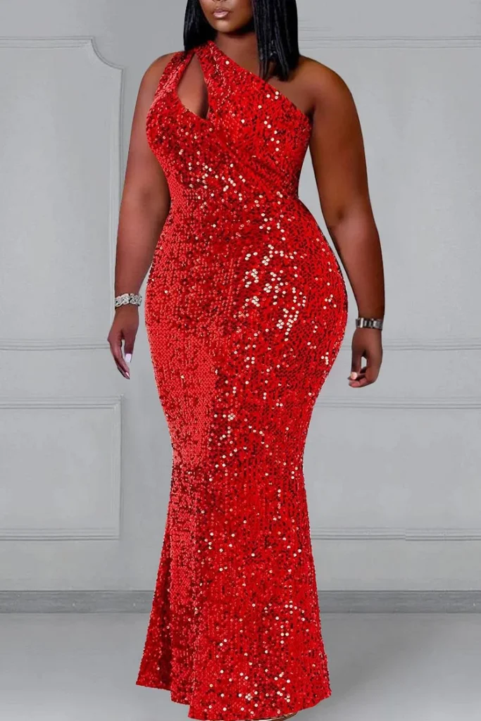 Plus Size Valentine's Red One Shoulder Cut Out Sequin Maxi Dress
