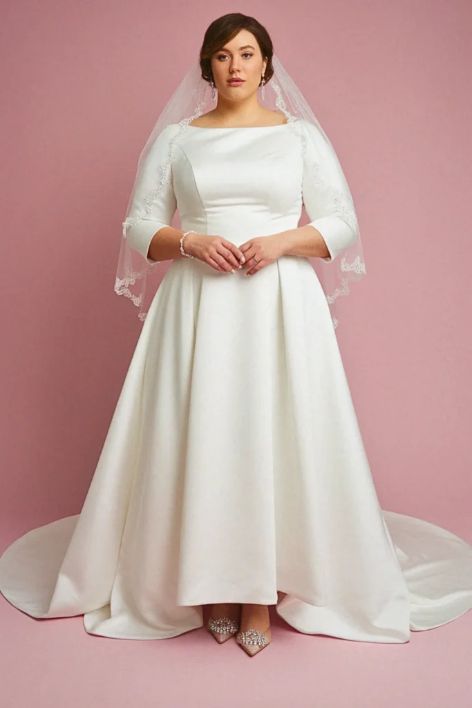 Sleek Bateau Neck Column with Three-Quarter Sleeves Wedding Dress