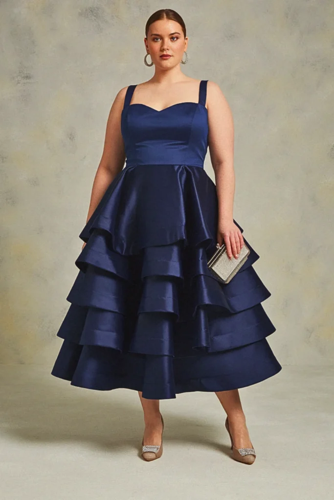 Tiered Ruffle Midi Plus Size Formal Wedding Guest Dress