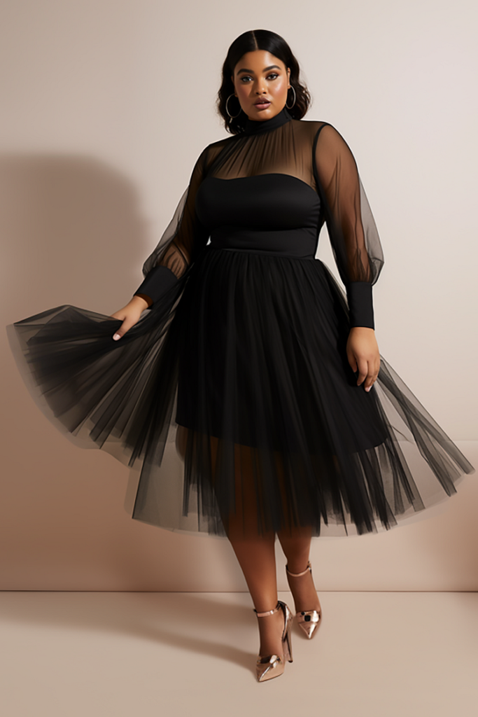 Plus Size Party Midi Dresses Elegant Black Mock Neck Tiered Tulle Long Sleeve Mesh Midi Dress