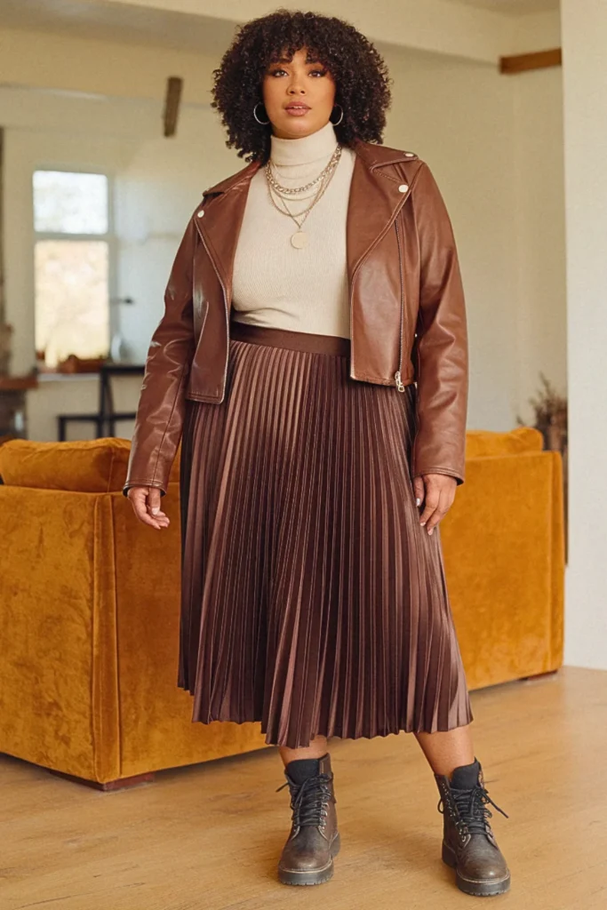 Plus Size Cropped Leather Jacket and Midi Skirt Fall Outfit