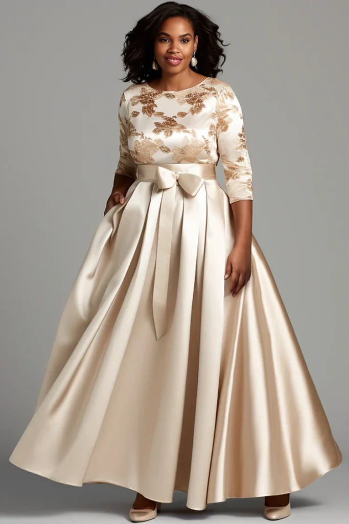 Plus Size Mother Of The Bride Champagne Floral Round Neck Long Sleeve Pocket Wrap Satin Maxi Dress