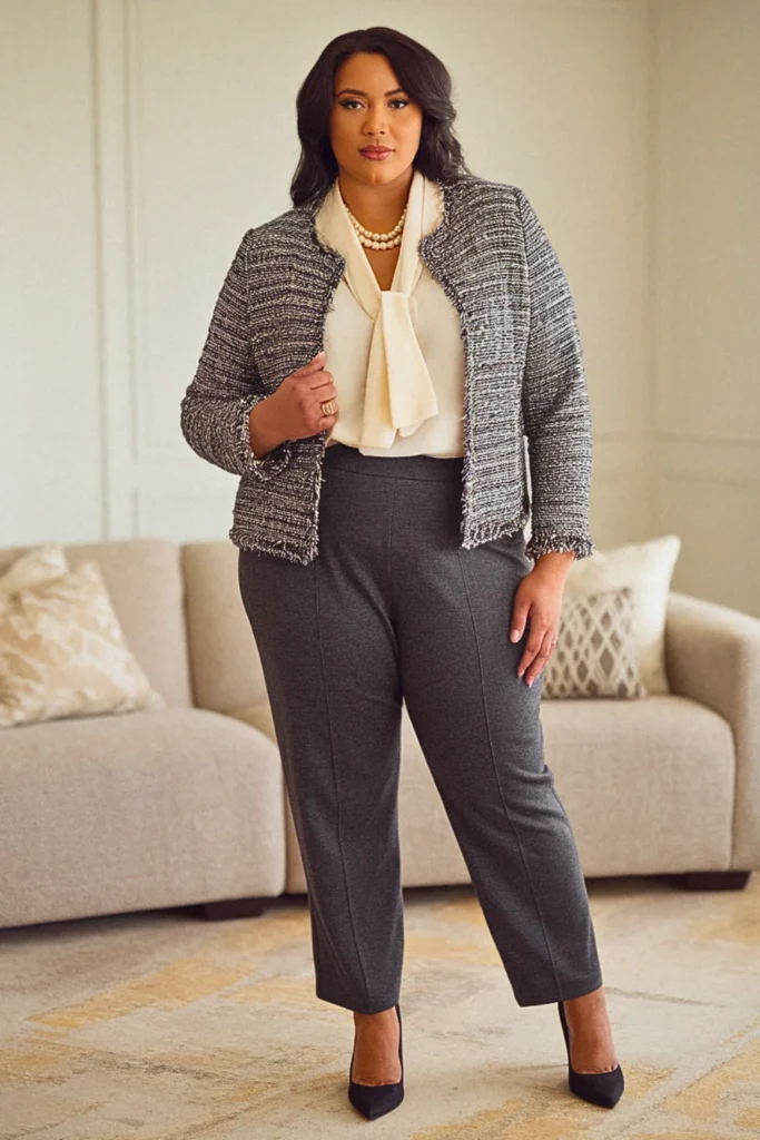 Plus Size Tweed Jacket and Ponte Pants Fall Outfit