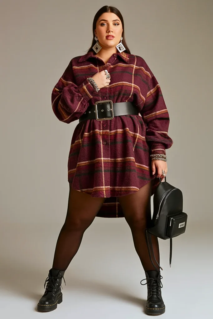 Plus Size Plaid Shirt Dress Belt Fall Outfit
