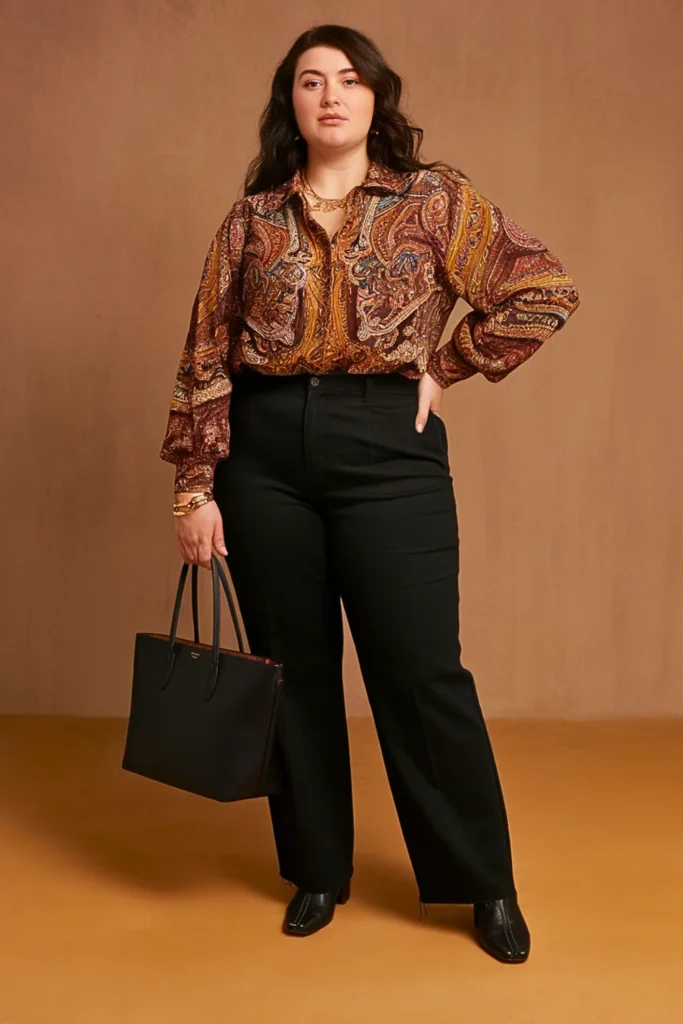 Plus Size Autumn Paisley Blouse Creative Work Outfit