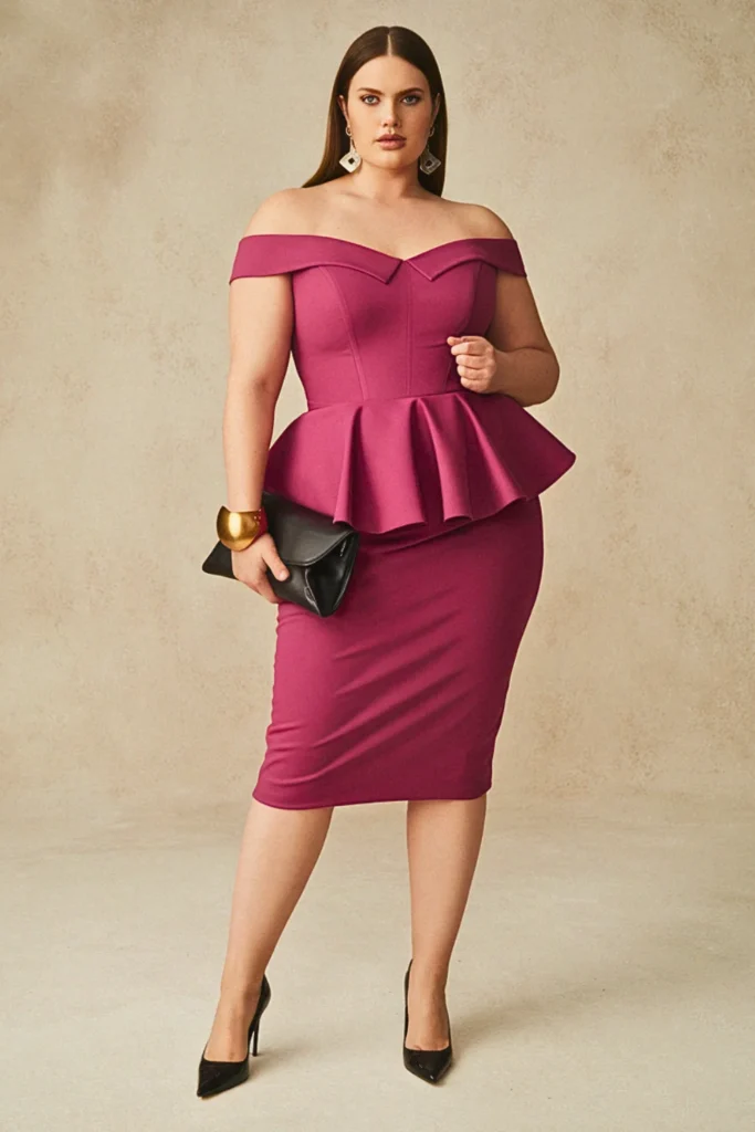Plus Size Fuchsia Off-Shoulder Peplum Wedding Guest Dress