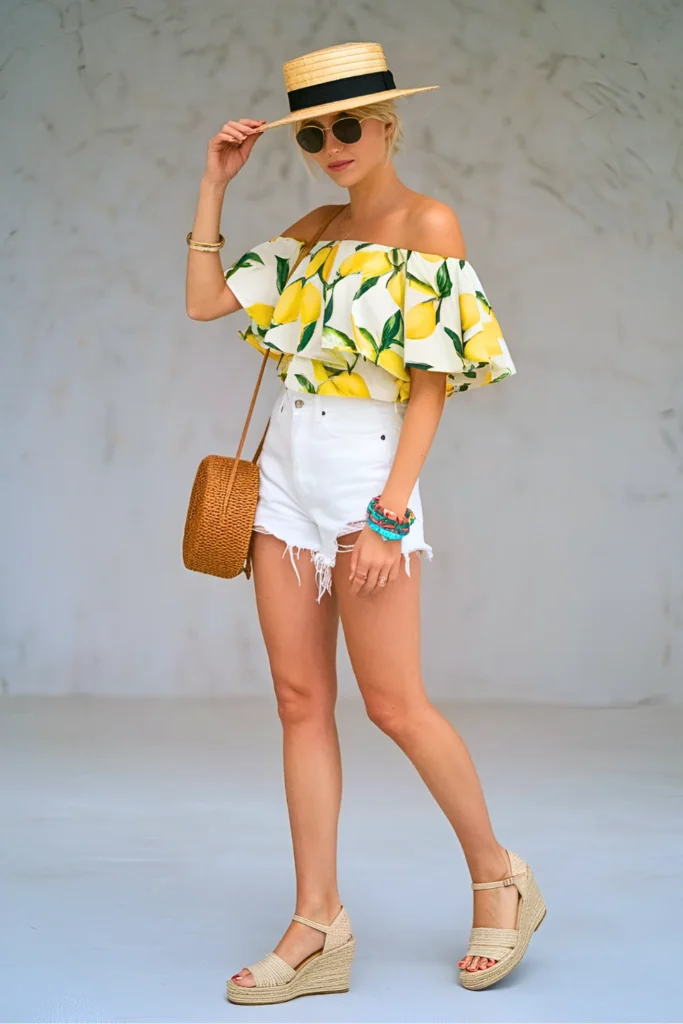 Casual Capri Lemon Print Off-The-Shoulder Top Spring Outfit