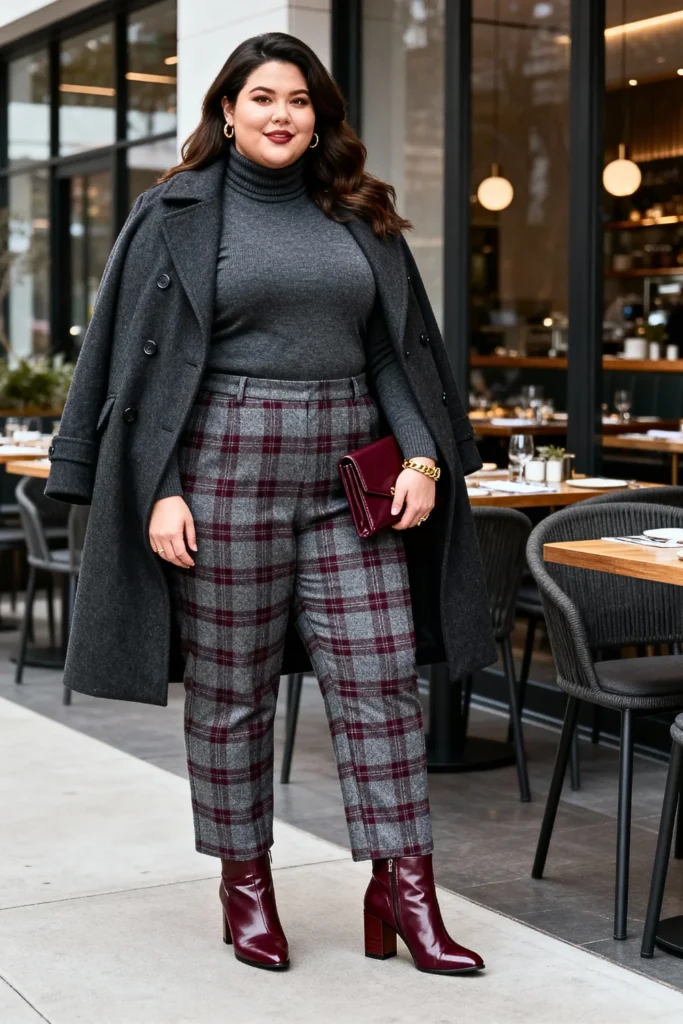 Plus Size Charcoal Turtleneck and Plaid Trousers Outfit