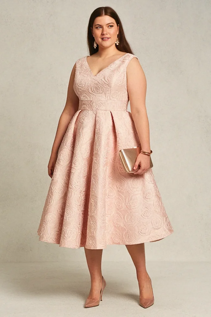 Plus Size Light Pink Jacquard Fit-and-Flare Wedding Guest Dress