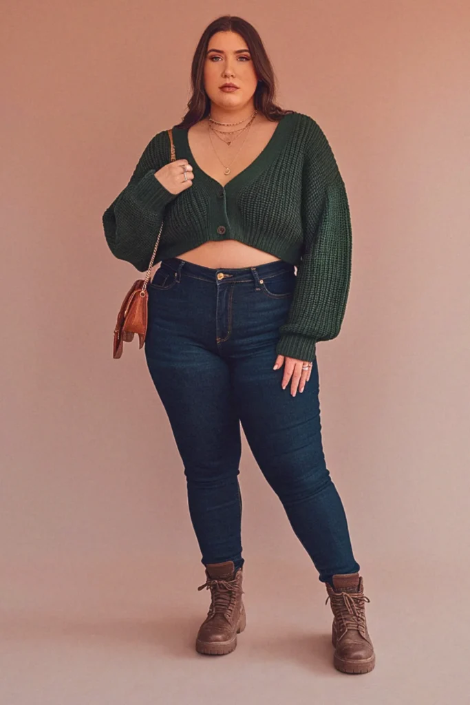 Plus Size Cropped Cardigan and High Waist Jeans Fall Outfit