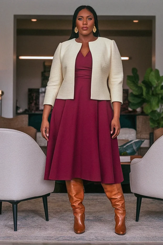 Plus Size Midi Dress and Structured Jacket Dressy Fall Outfit