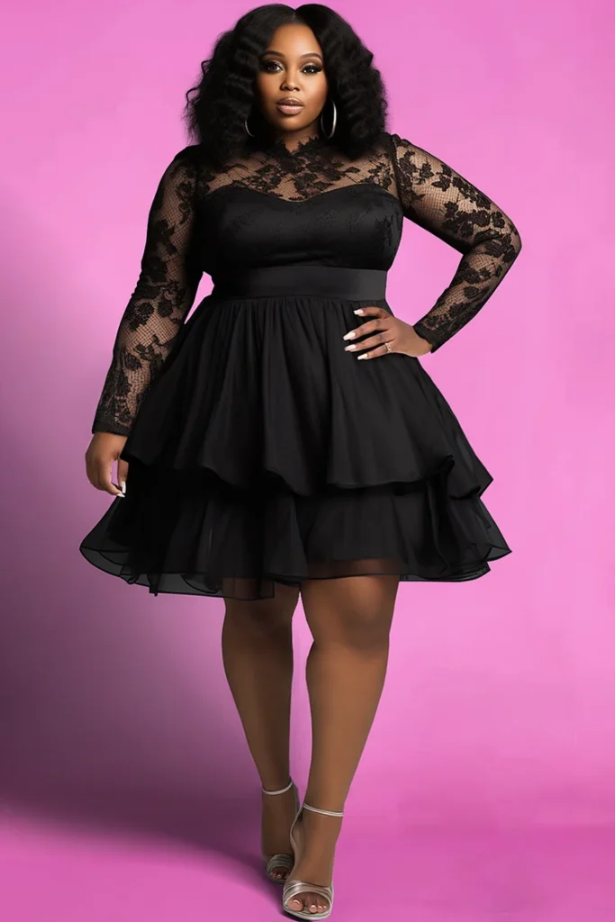 Plus Size Birthday Party Black Round Neck Long Sleeve Ruffle Chiffon Lace Mini Dress