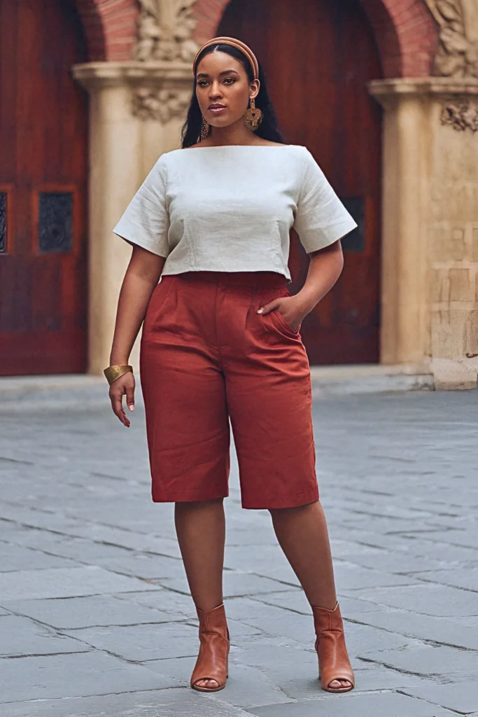 Plus Size Summer Tailored Bermuda Shorts and Boxy Crop Top European Outfit