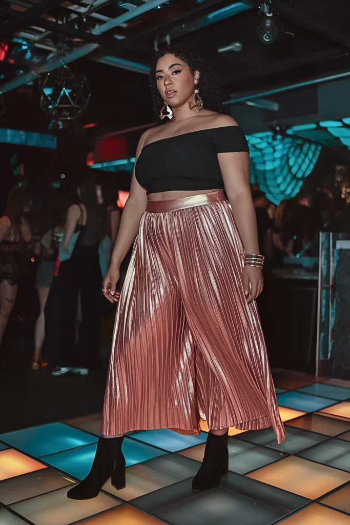 Plus Size Metallic Pleated Culottes and Off-Shoulder Top Summer Club Outfit