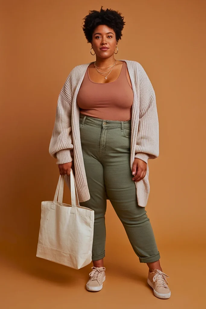 Plus Size Cardigan and High-Waisted Pants Cozy Autumn Outfit