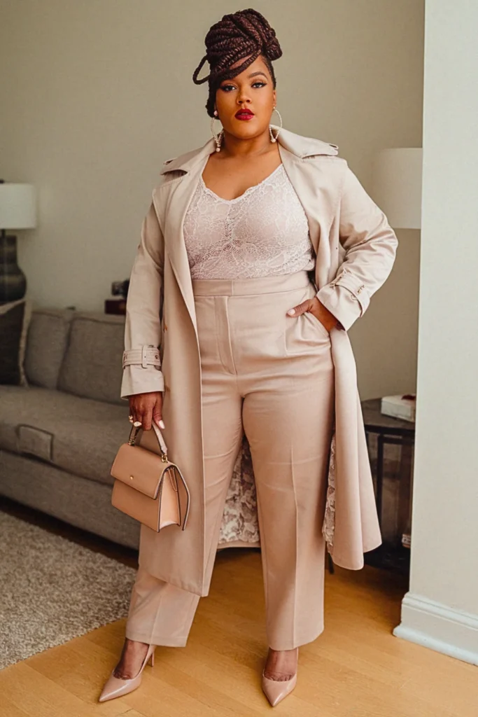 Plus Size Lace Camisole Trench Coat Fall Outfit