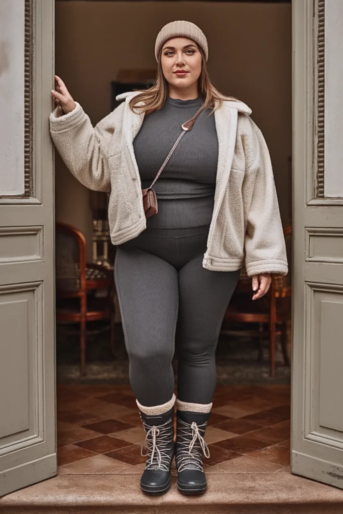 Plus Size Sherpa Jacket with Thermal Leggings and Snow Boots Winter Outfit