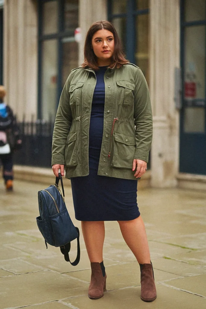 Plus Size Utility Jacket And Straight Dress Fall Outfit
