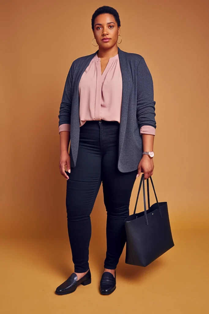 Plus Size Casual Knit Blazer and Skinny Jeans Autumn Outfit