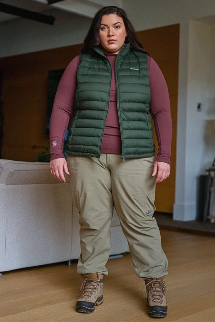 Plus Size Forest Green Puffer Vest Outdoor Adventure Fall Outfit