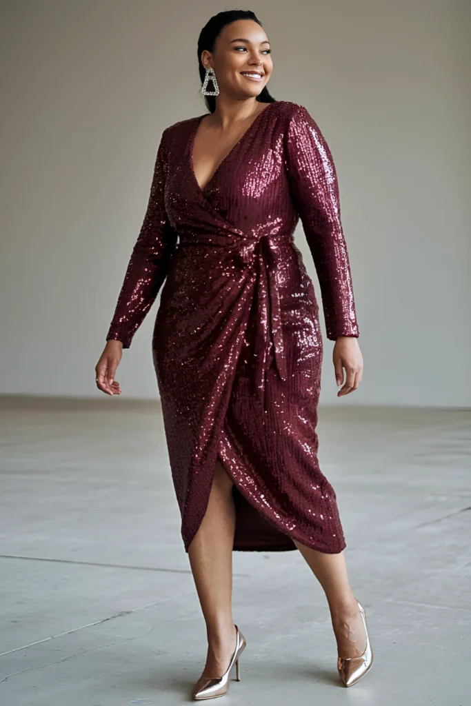 Plus Size Valentine's Sequin Burgundy Wrap Dress Outfit