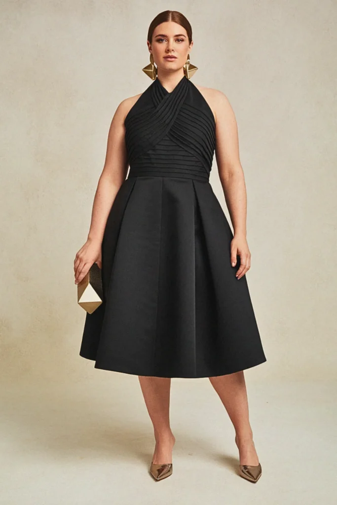 Origami Pleated Halter Black Elegant Wedding Guest Dress