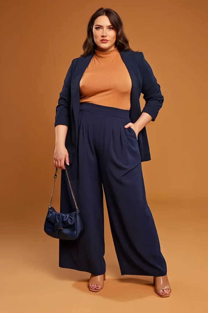 Plus Size Casual Mock Neck Top and Palazzo Pants Autumn Outfit