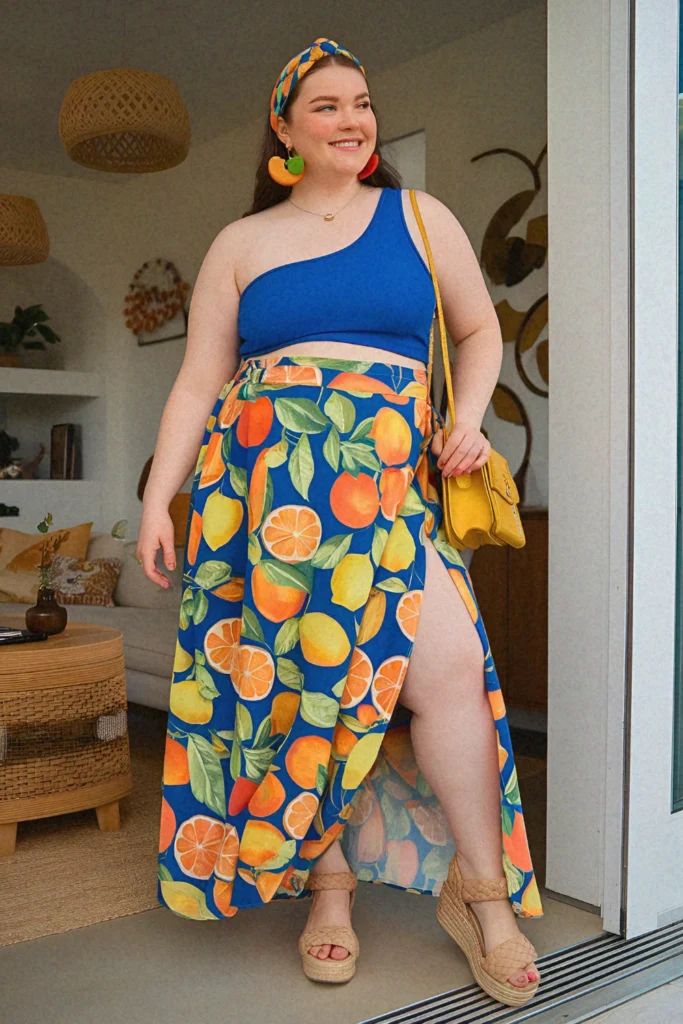 Plus Size Summer Citrus Fruit Print Long Skirt Outfit