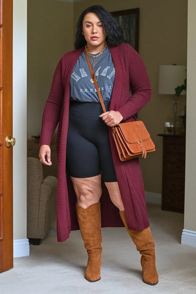 Plus Size Duster Cardigan and Biker Shorts Fall Outfit