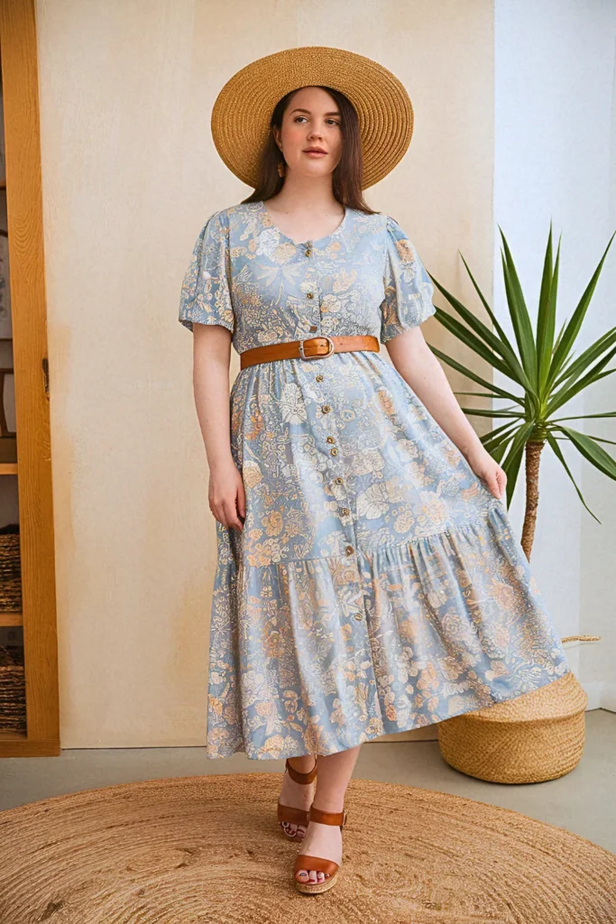 Plus Size Comfy Button-Front Tiered Sundress Summer Outfit