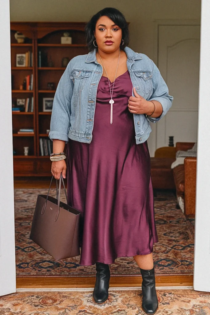 Plus Size Fall Denim Jacket Slip Dress Aesthetic Outfit