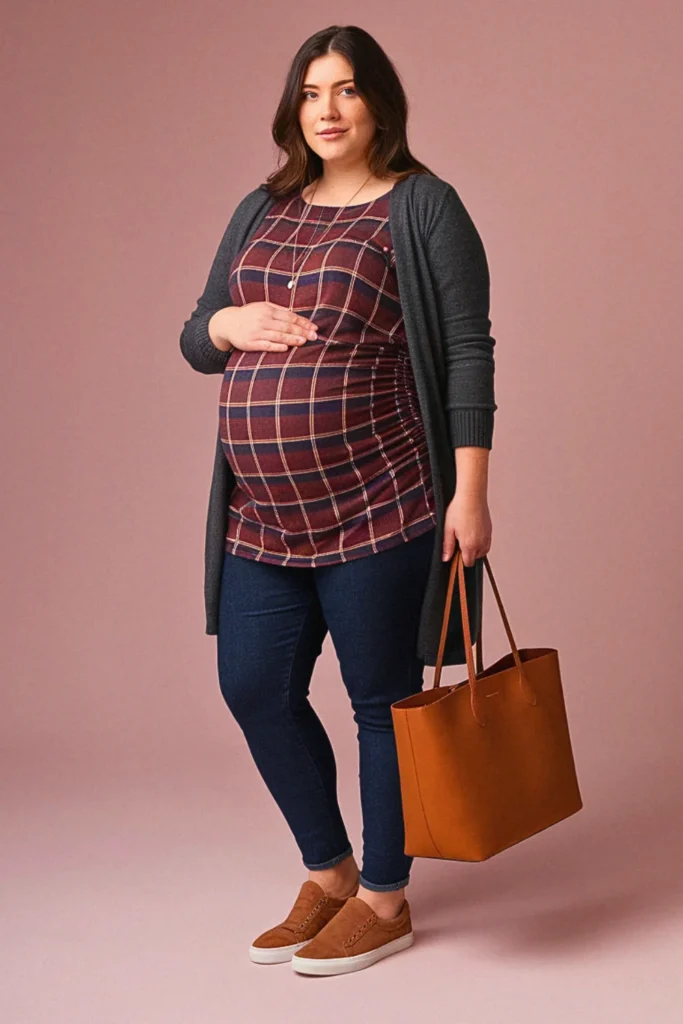 Plus Size Fall Plaid Tunic and Denim Maternity Outfit