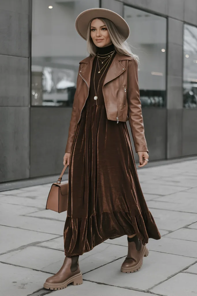 Stockholm Style Winter Velvet Maxi Dress Outfit