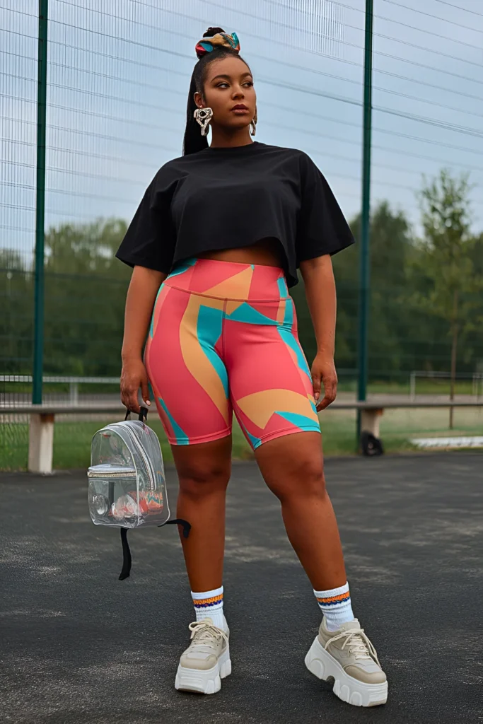 Plus Size Summer Colorful Printed Bike Short Athleisure Outfit