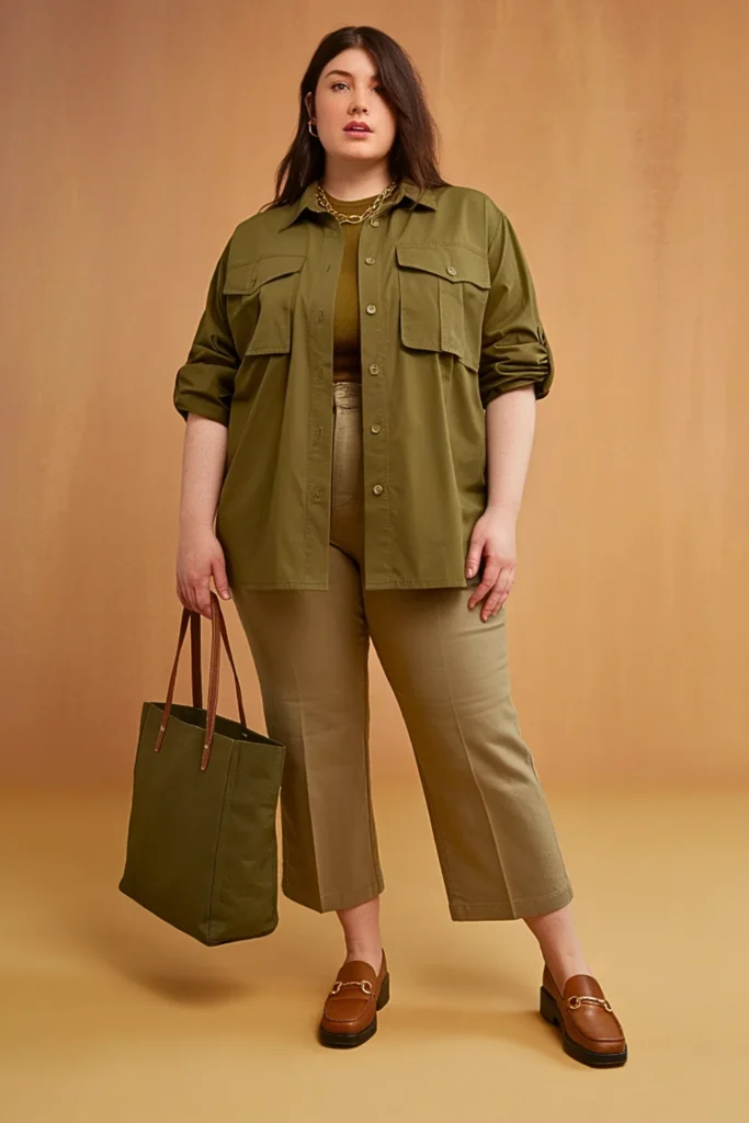 Plus Size Casual Utility Shirt and Cropped Pants Autumn Outfit