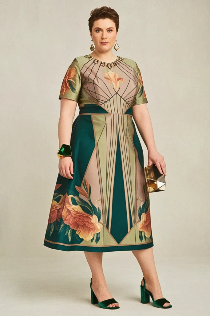 Art Deco Geometric Floral Plus Size Wedding Guest Dress