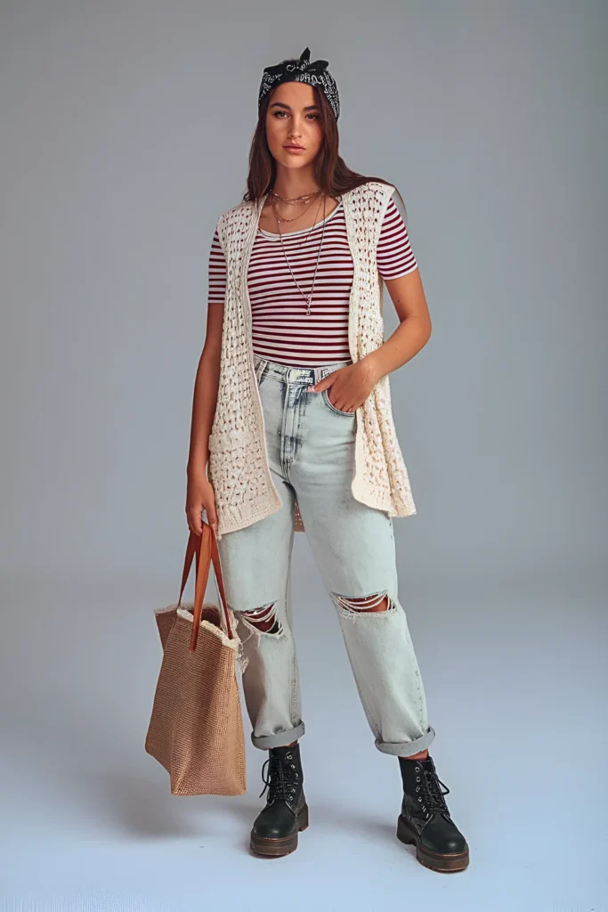 Spring Indie Crochet Vest & Distressed Jeans Outfit