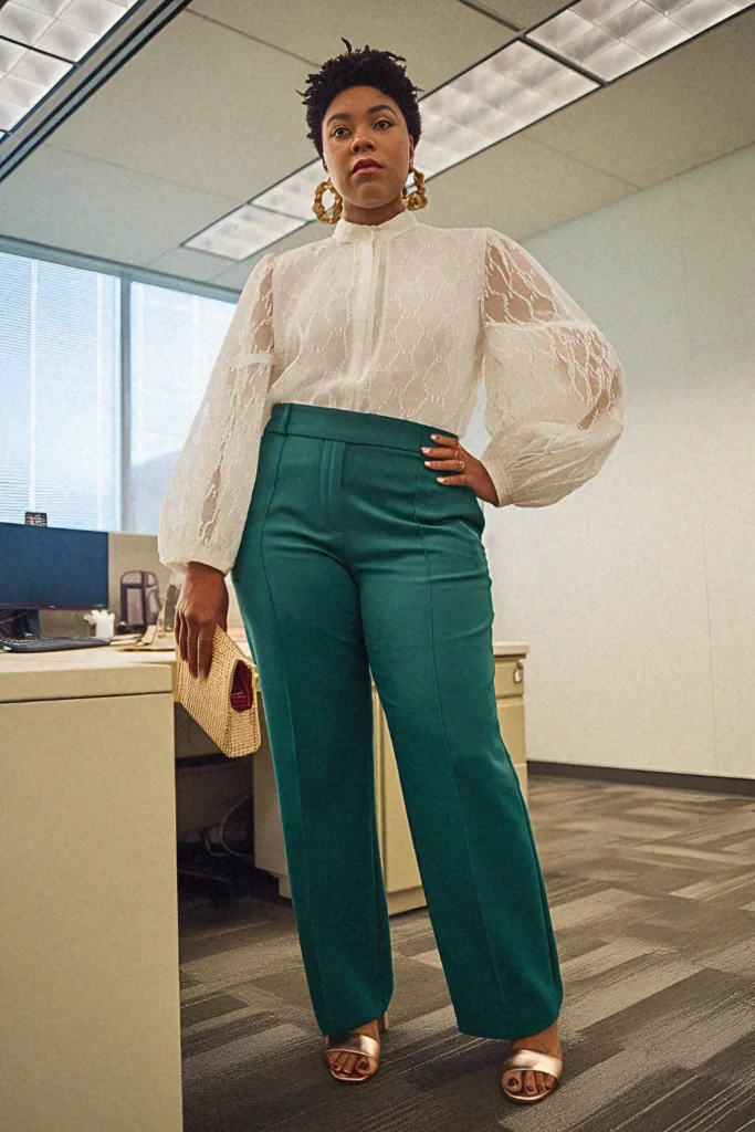 Plus Size Summer Embroidered Cotton Voile Blouse & Trousers Office Outfit