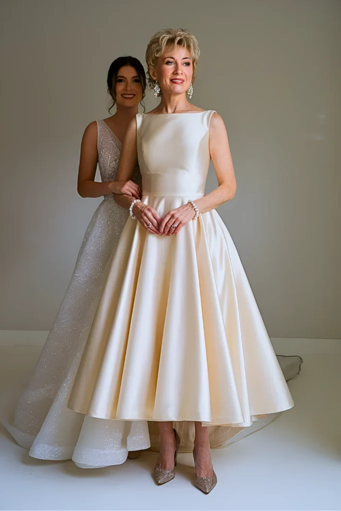 Classy Champagne Satin Tea-Length Mother of the Bride Dress