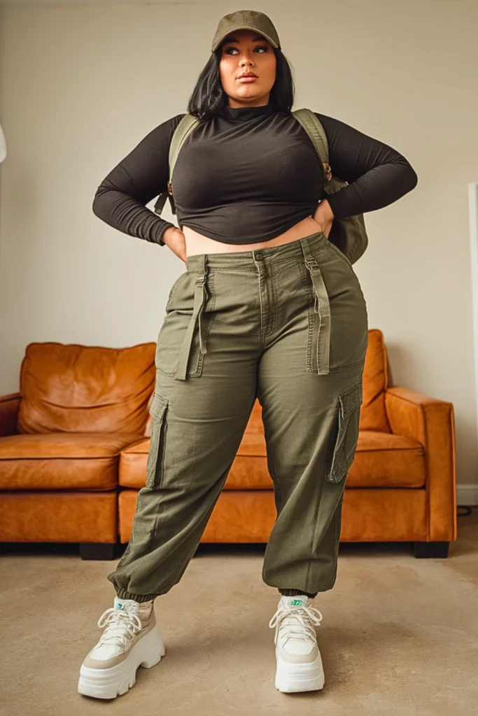 Plus Size Cargo Pants Fitted Top Fall Winter Outfit