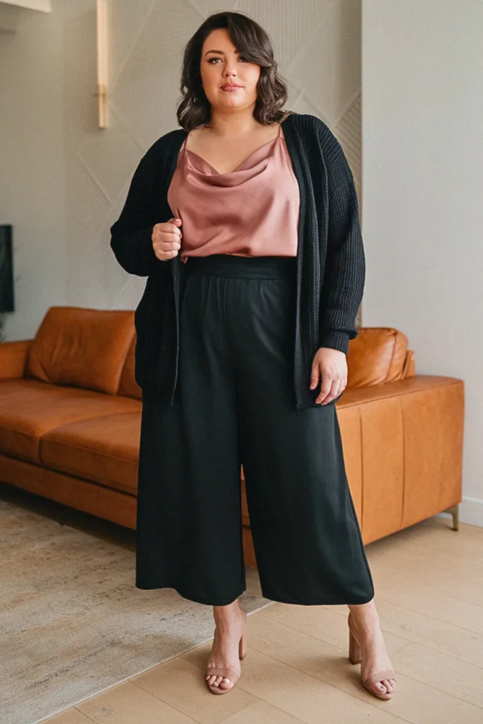 Plus Size Culottes and Silk Camisole Dressy Fall Outfit