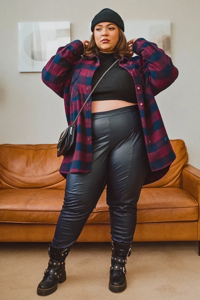 Plus Size Fall Plaid Shirt Leather Pants Aesthetic Outfit