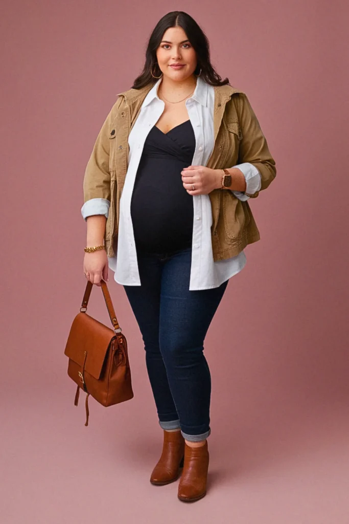 Plus Size Fall Button-Down Shirt Maternity Outfit