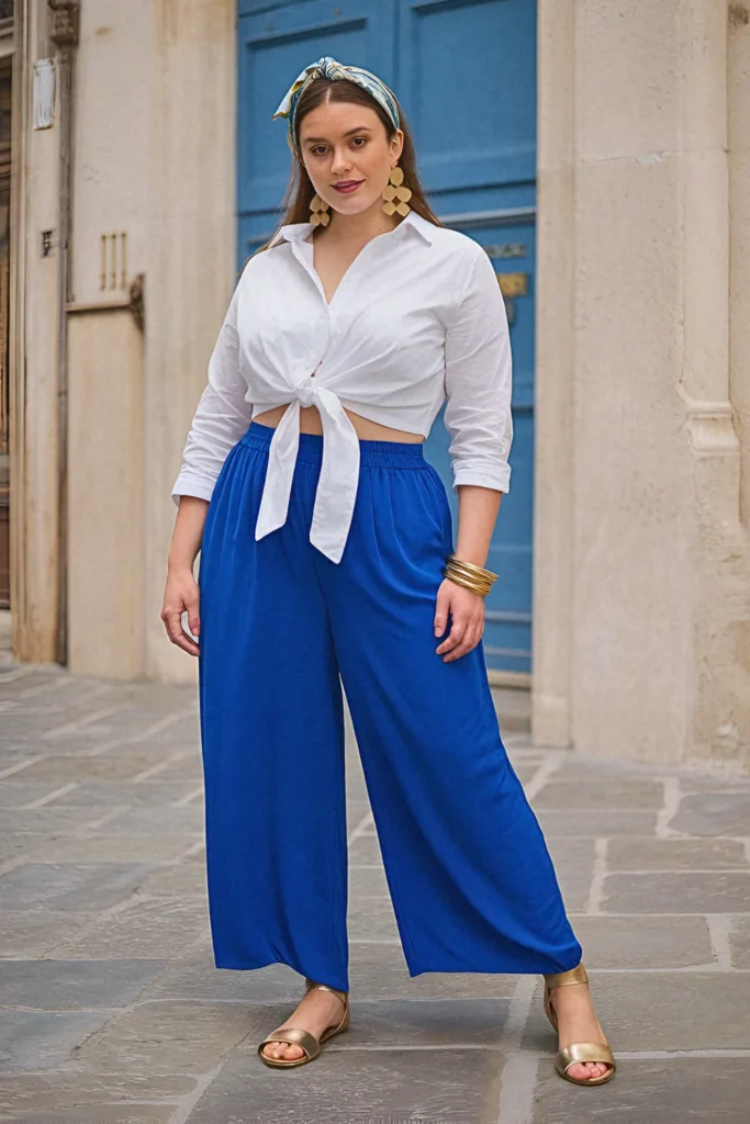 Plus Size Summer Palazzo Pants and Cropped Button-Up European Outfit