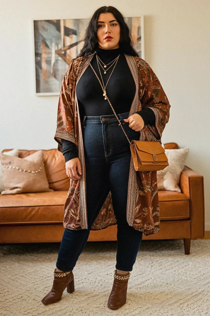 Plus Size Fall Kimono Jeans Boots Aesthetic Outfit