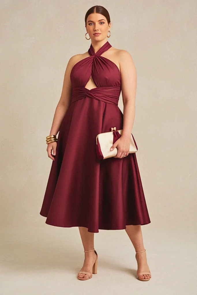 Burgundy Twisted Halter Plus Size Wedding Guest Cocktail Dress