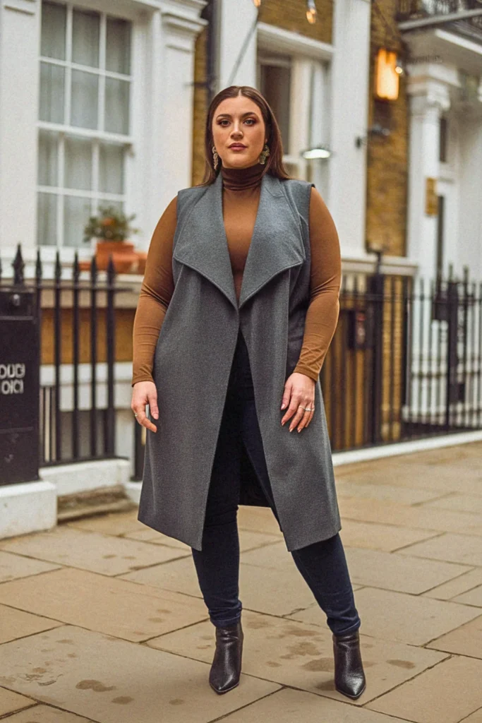 Plus Size Longline Vest And Skinny Jeans Fall Outfit