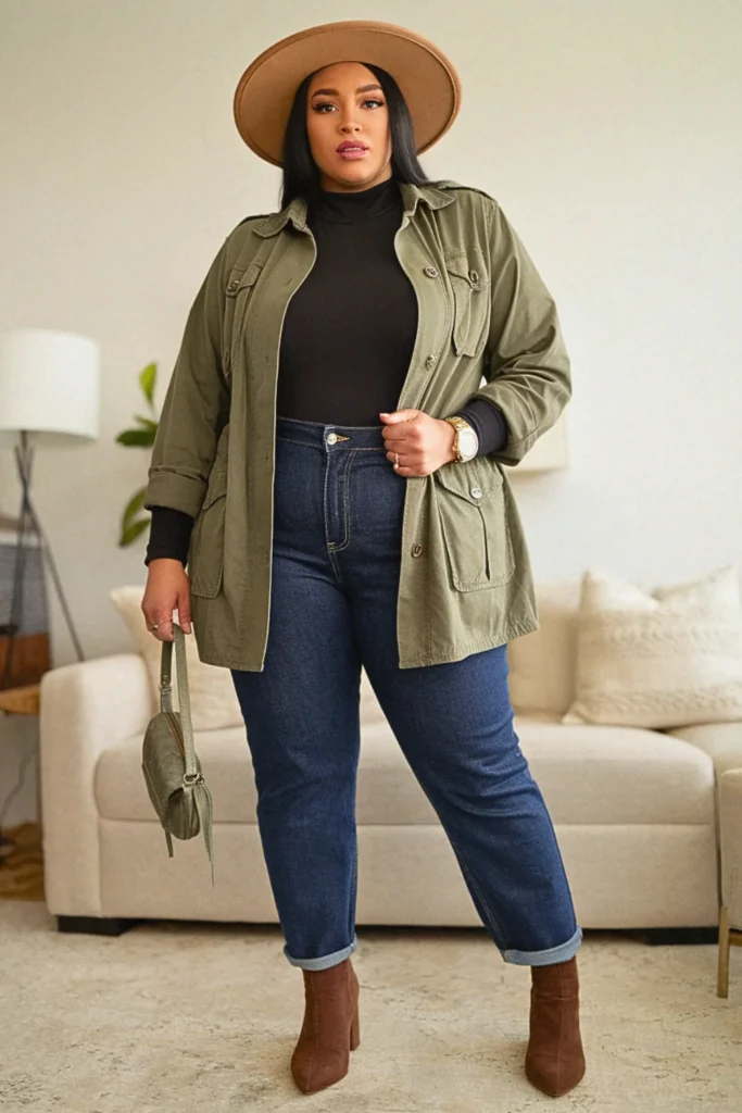 Plus Size Fall Utility Jacket Bodysuit Aesthetic Outfit