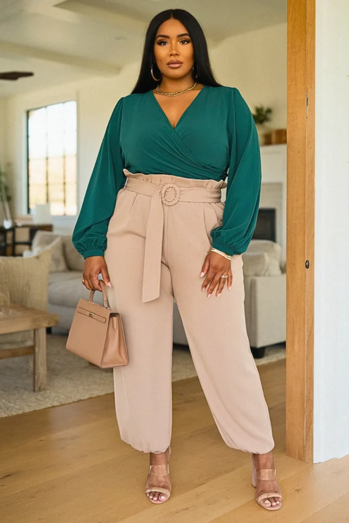 Plus Size Fall Wrap Front Top With Paper Bag Waist Pants Comfy Outfit